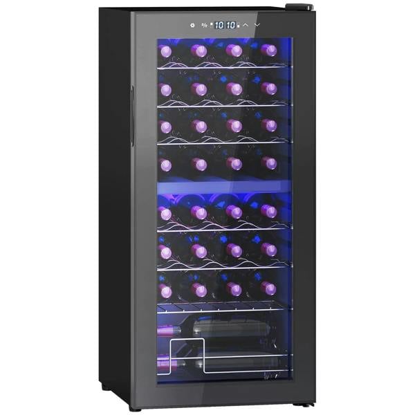 Black dual-zone wine fridge with glass door and interior bottle shelves, 32-bottle capacity