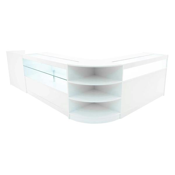 Europa LED Shop Counter Set in white features sleek design with curved edges, glass display shelves, and ample storage space