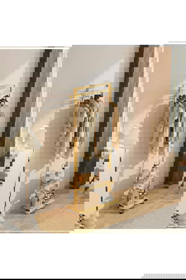 Living and Home Bamboo Rolling Clothes Garment Rack with 2-tier Shelves & Wheels - Natural