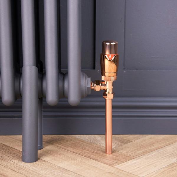 Flode Angled Thermostatic Radiator Valve Pack | 15mm x 1/2" | Copper