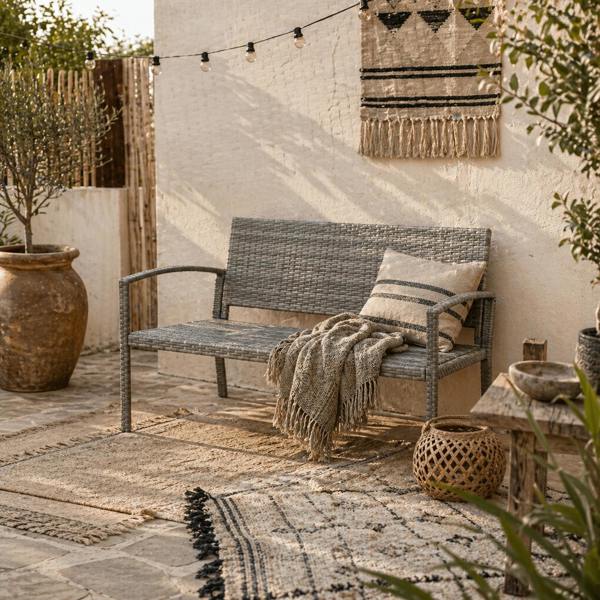 Wyld Haus Mata Rattan Grey 2 Seater Garden Bench With Armrests