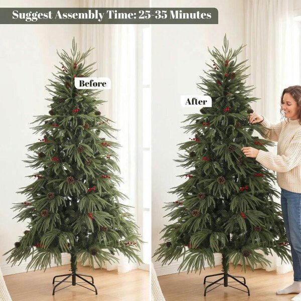 Bobobiy 6ft Artificial Christmas Tree with Pinecones, Red Berries, Hinged Predecorated Xmas Tree with 2843 Branch Tips