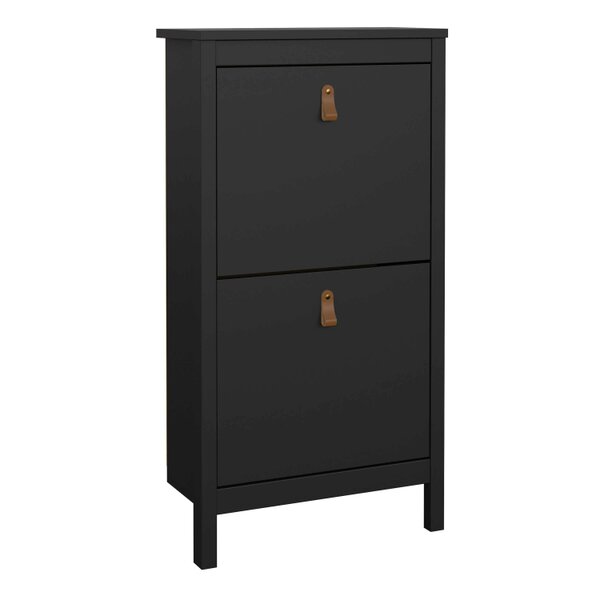 Wyld Haus Wildberry Matt Black Wooden Shoe Cabinet 2 Flip Down Doors Leather Handles