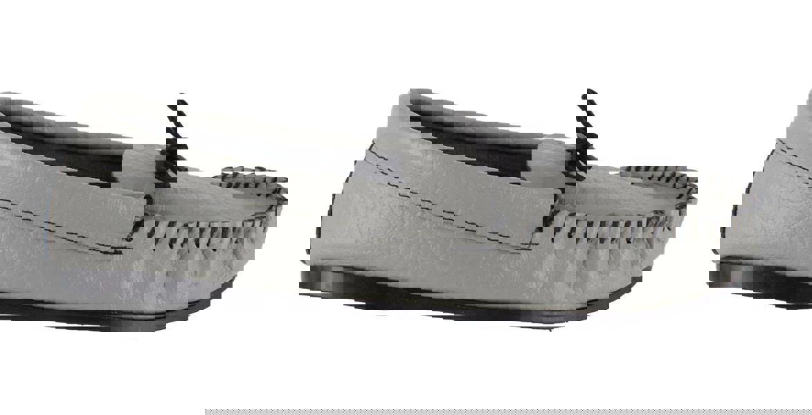 Northamptonshire Slipper Co. Mens British Hand Made Casual Leather Moccs Moccasins Slippers, a grey handcrafted leather moccasin with black stitching and a black sole.