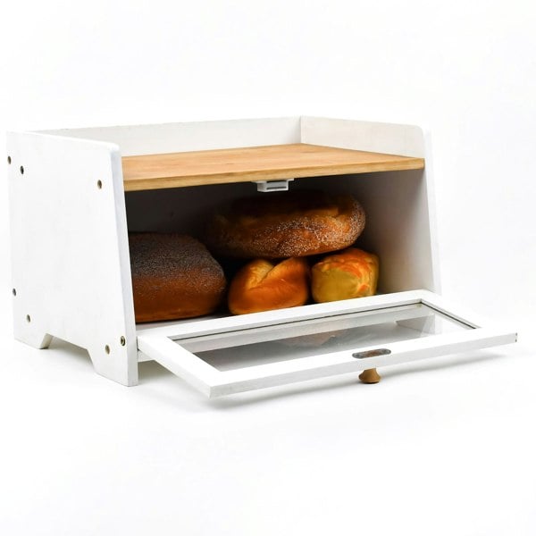 Maison des Cadeaux White Bamboo Single-Layer Bread Bin with Top Shelf