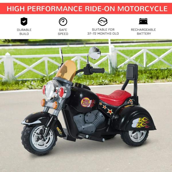 Black ride-on motorbike trike with red seat and clear windshield, side view with front lights