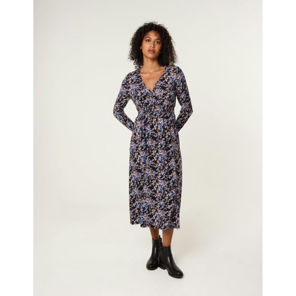 Blue Vanilla Floral V Neck Wrap Long Sleeve Midi Dress