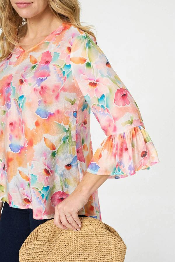 Pink | Floral 3/4 Flare Sleeve Relaxed Blouse