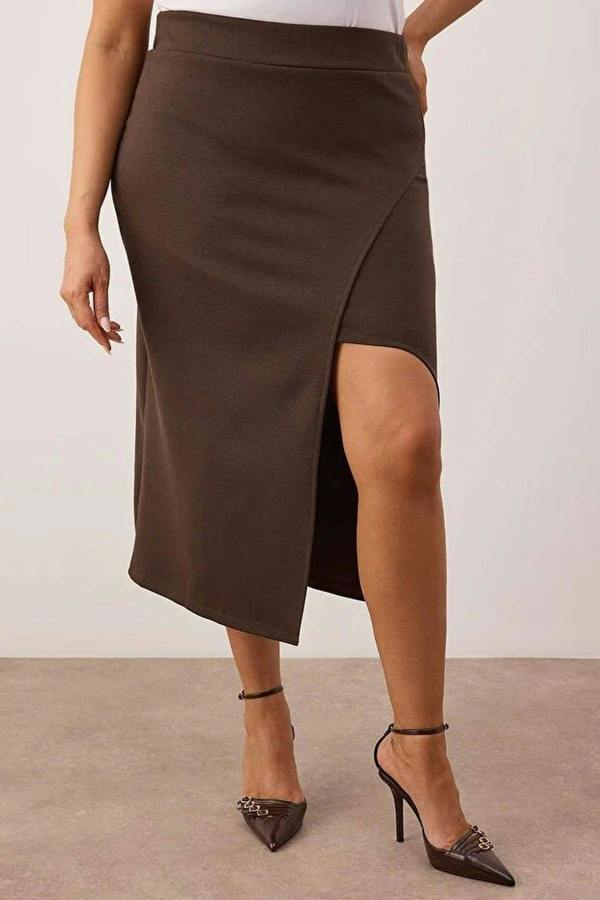 WOVCOR Slit Detail Knitted Stretch Fabric Plus Size Midi Skirt