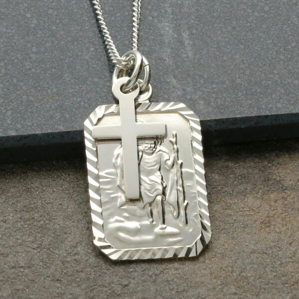 Christopher James of London Sterling Silver Diamond Cut Rectangle St Christopher Pendant With Optional Engraving and Chain
