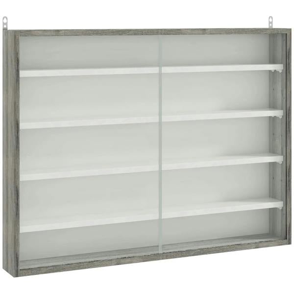 Grey wood-grain cabinet interior with multiple adjustable shelves behind glass doors
