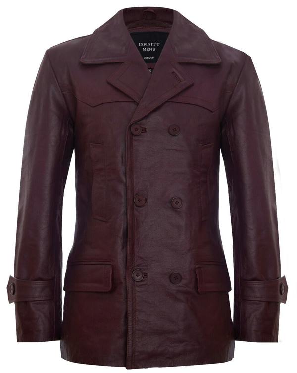 Infinity Leather Mens Cow Hide Dr Who Naval German Pea Coat Leather Jacket
