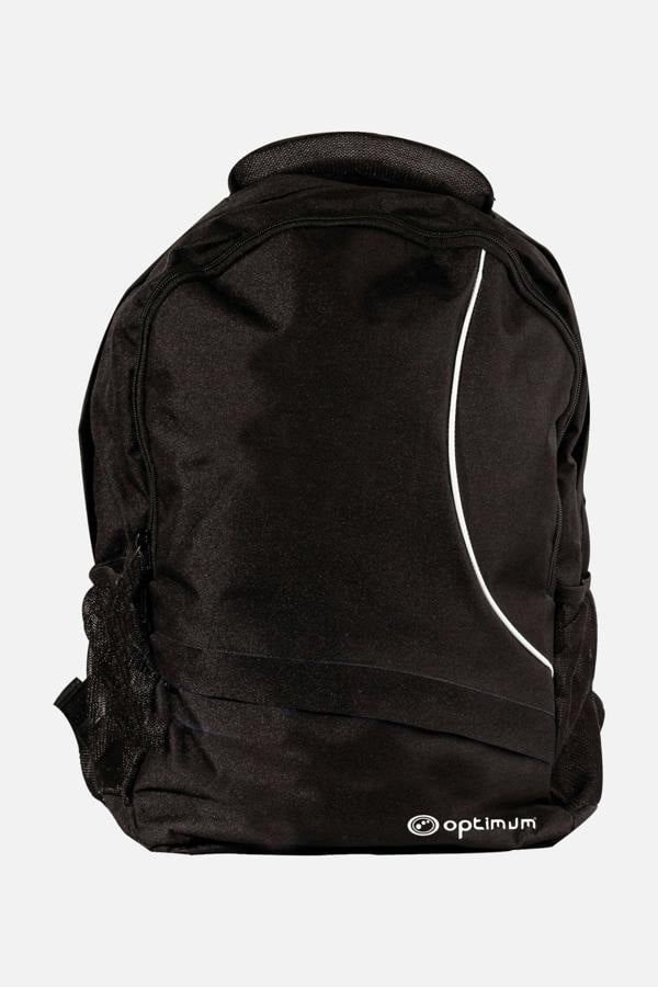 Black Optimum backpack with white curved trim, logo, mesh side pocket and top handle, front view on white - Optimum