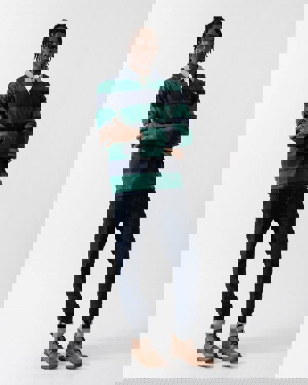 GANT Mens Regular Fit Chambray Stripe Heavy Rugger - 373 Deep Forest Green - CHO - Designer Mens Long Sleeve Polo Shirts