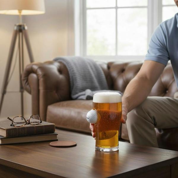 A person holding a handcrafted tulip pint glass filled with lager beer and a real golf ball embedded in the side, sitting by a wooden coffee table in a living room.