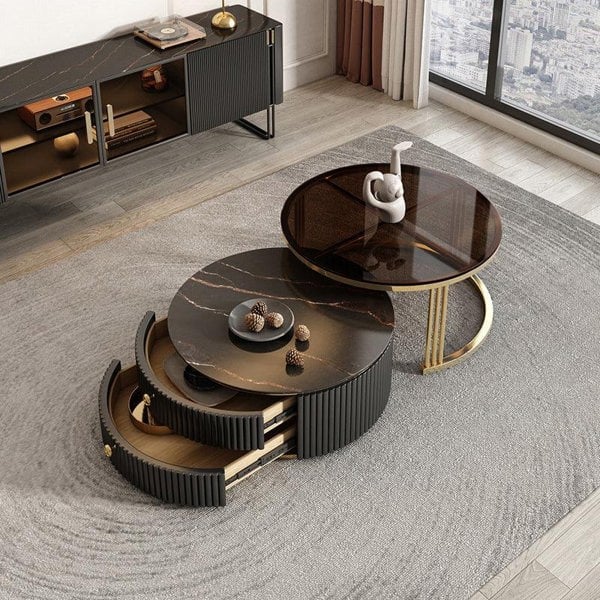 Bell Nesting Coffee Table Set, White & Gold-Weilai Concept-Black Top + Glass Top-No-Weilai Concept