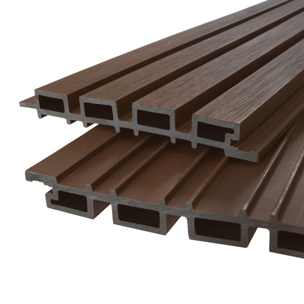 WPC slatted wall cladding panels in rich brown, featuring a textured surface and hollow design for lightweight durability and easy installation