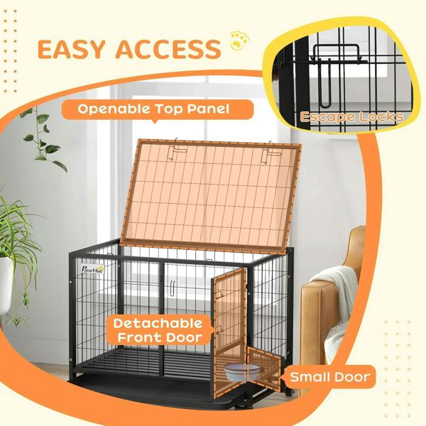 Black dog crate with openable top panel and detachable front door