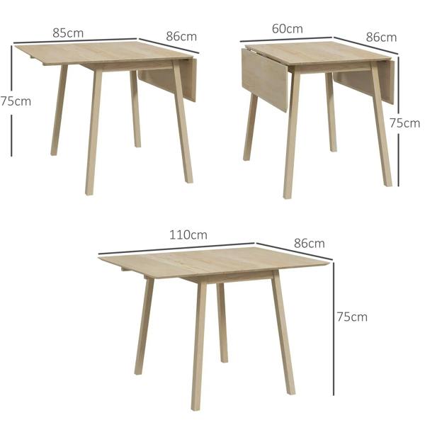 Natural wood drop-leaf dining table shown folded and partially expanded configurations