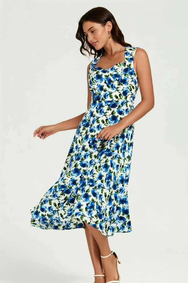 FS Collection Blue Floral Print Heart Neck Midi Dress