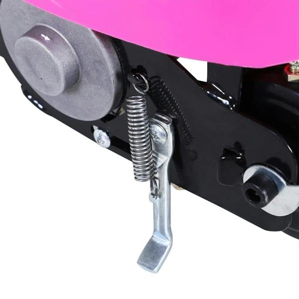 Pink foldable electric kids scooter close-up of spring kickstand under the deck