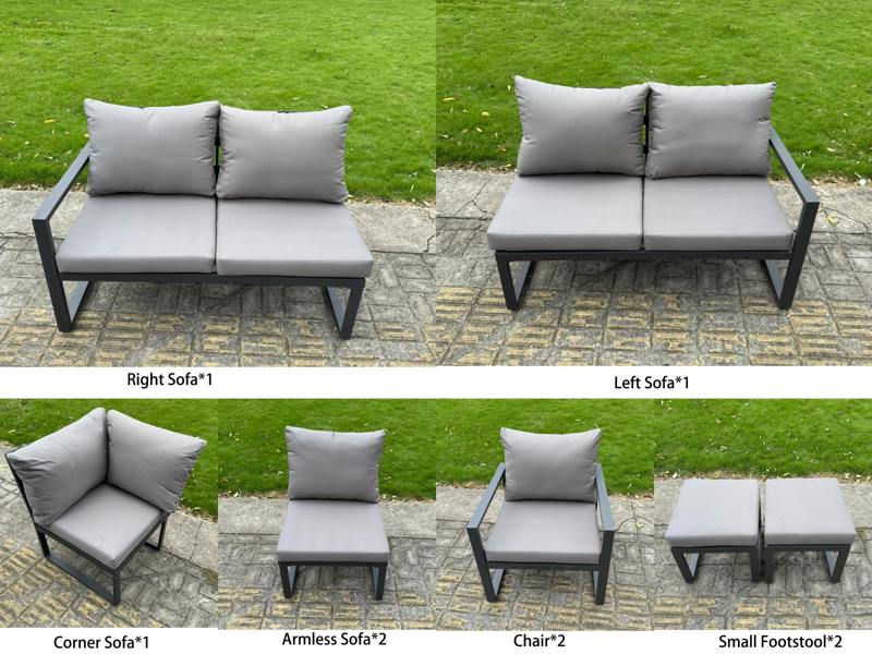 Fimous 11-Seater L-shaped Garden Furniture Set Aluminium Outdoor Dining Set with Adjustable Rising Lifting Dining Table 2 Chairs 2 Small Footstools