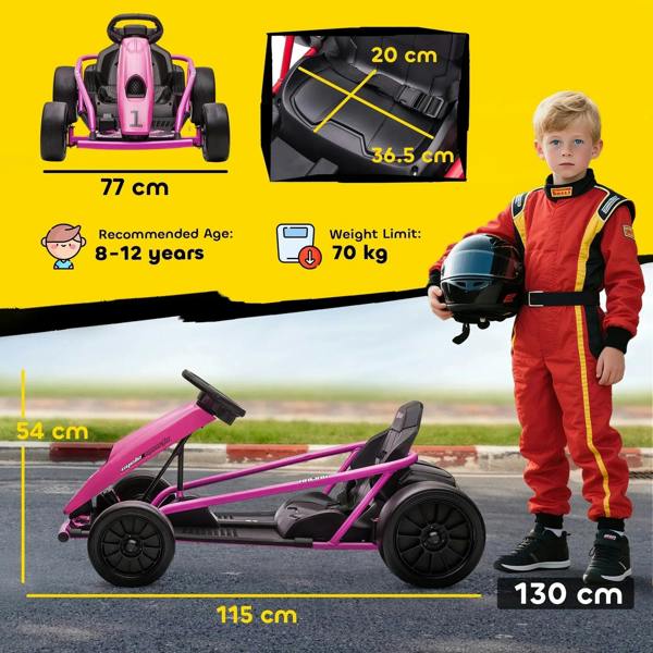 Pink kids electric go-kart side view with size and weight label graphics