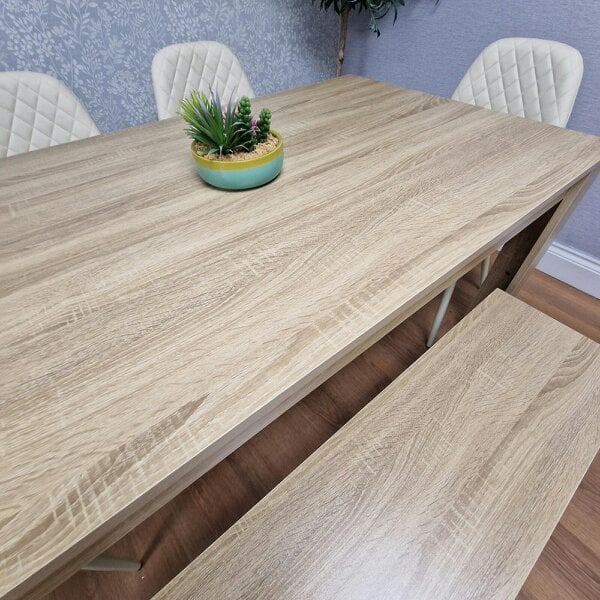 Kosy Koala Modern Oak Effect Dining Table Set With 4 Cream Plastic Chairs And Bench Dining Room Furniture