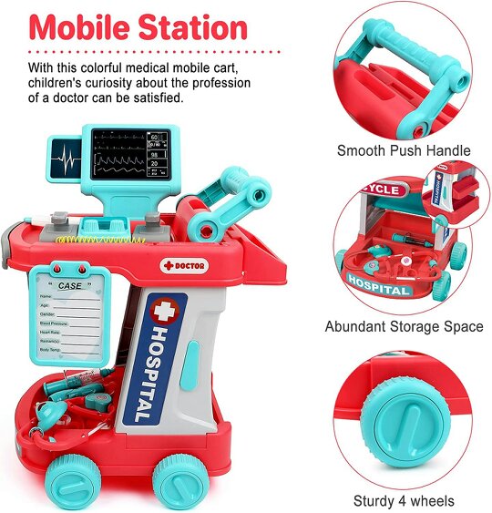 deAO Toys 22Pcs Educational Pretend Medical Station Set Doctor Children Role Play Trolley Set Gift for Kids age 3+