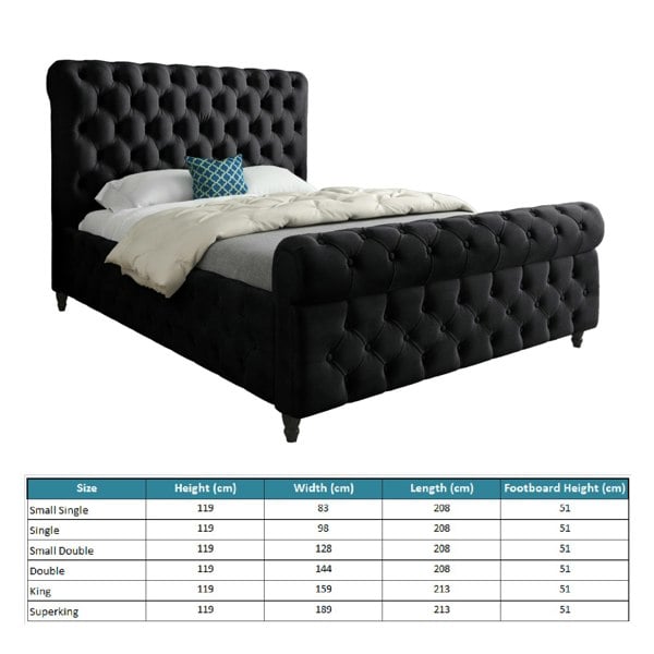 Casa Magna Savana Sleigh Upholstered Soft Velvet Bed Frame - Black