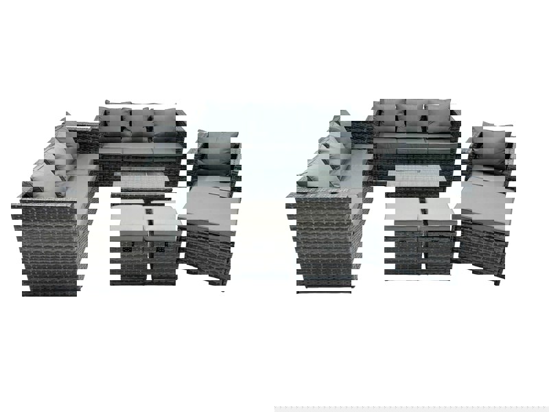 Fimous Rattan Garden Furniture Dining Set 10 seater Patio Coffee Table Sofa Set with 3 Stools Dark Grey Mixed