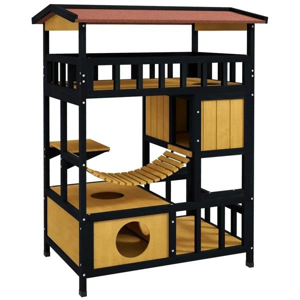 Four-tier wooden outdoor cat shelter with enclosed sides and ramped platforms