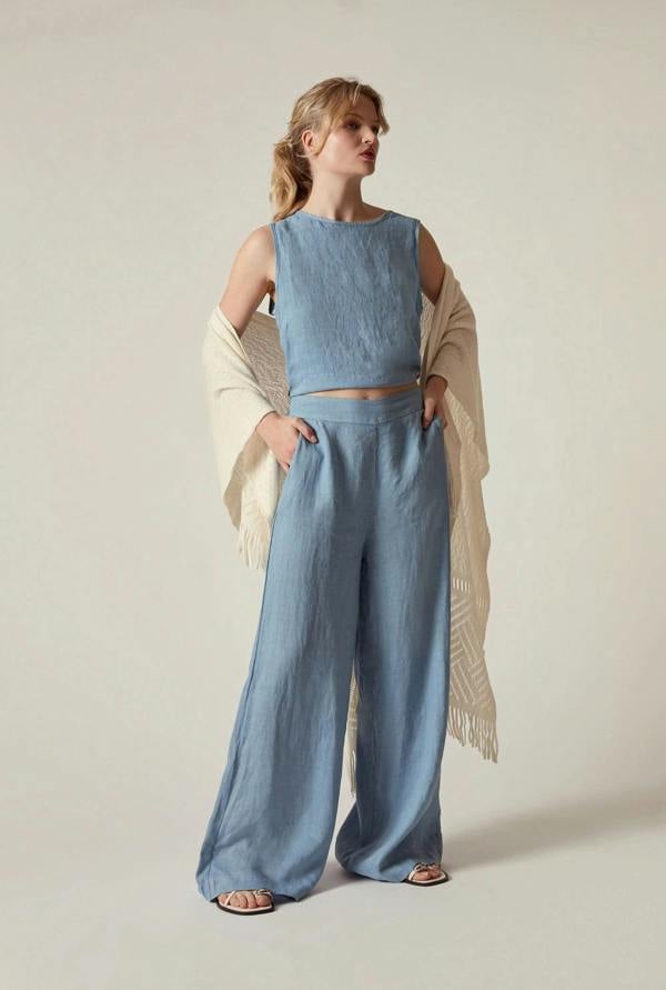James Lakeland Denim Blue Linen Wide-Leg Trousers