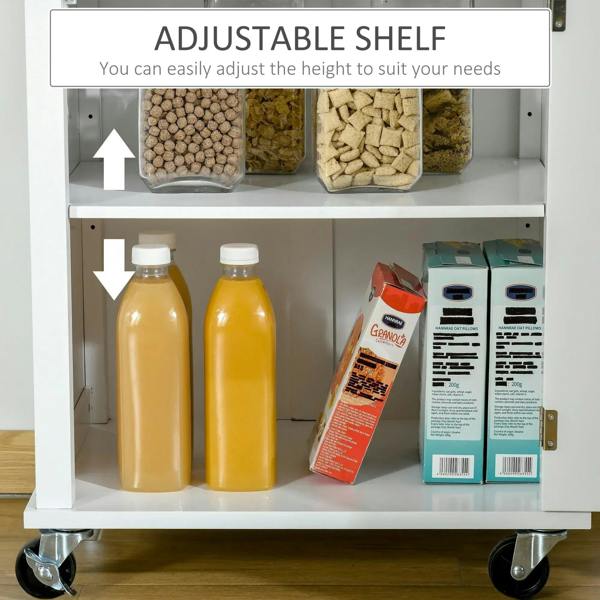 Open adjustable shelf inside a white kitchen cart for bottles, pantry goods, and supplies