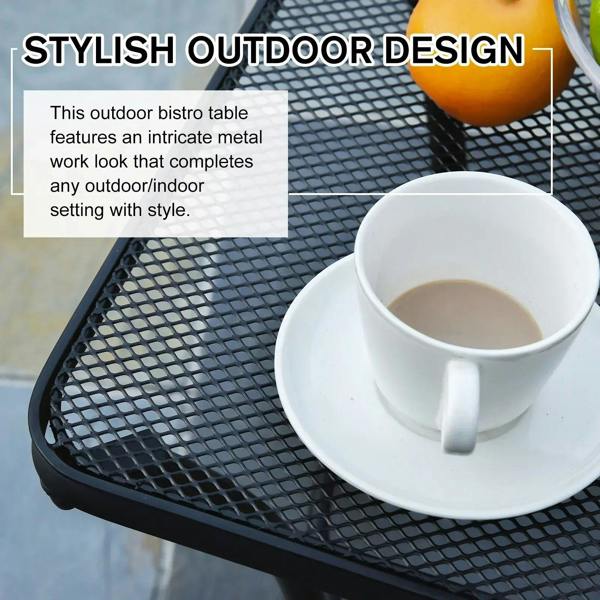 Black mesh tabletop with coffee cup on a square outdoor bistro table
