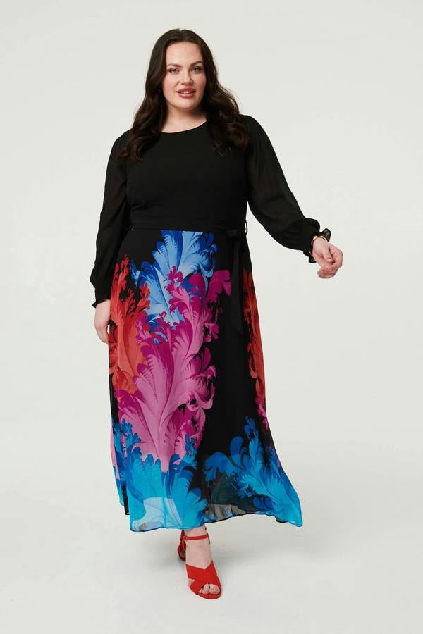 Black | Curve Floral Tie Waist Knit Midi Dress