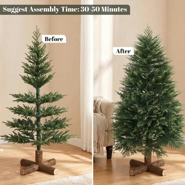 5ft Artificial Christmas Tree, Hinged Xmas Tree with Realistic 513 PE & PVC Branch Tips, Fir Wood Base, Green