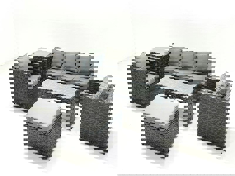 Fimous Rattan Garden Furniture Set Outdoor Lounger Sofa with Coffee Table 2 Armchair Big Footstool Side Table Dark Grey Mixed