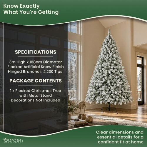 Flocked Woodcote Spruce Christmas Tree 3m – Snow Effect Tree with 2230 Tips, Hinged Branches & Metal Stand