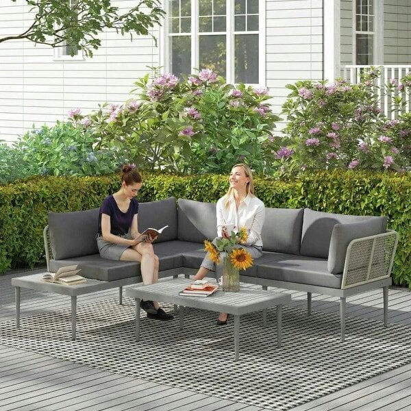 Thee-Piece 'L' Rattan Sofa Set - Grey - Grey