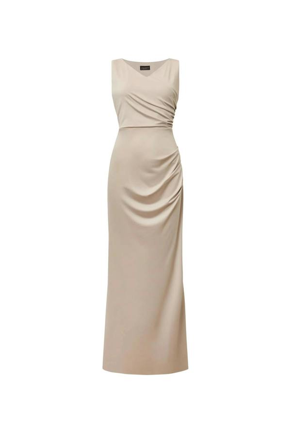Invisible‑mannequin shot of a beige sleeveless dress on a white background.