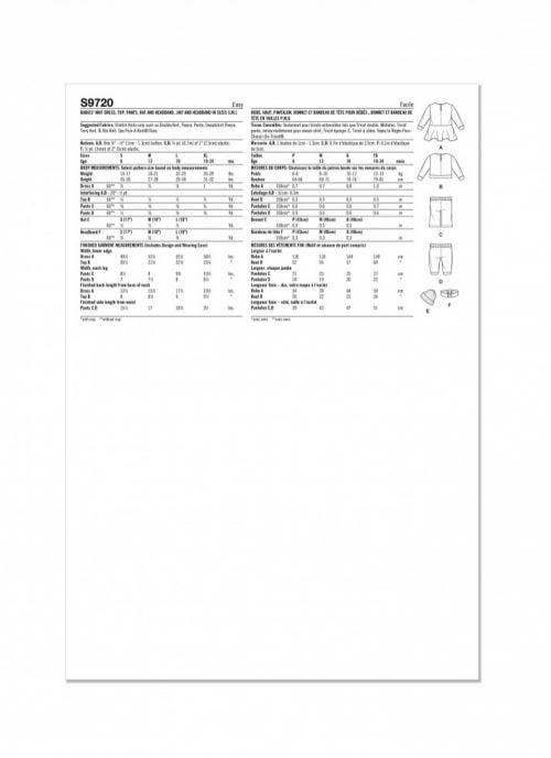 Simplicity Sewing Pattern 9720, Dresses, Tops, Trousers, Headwear for Baby, A (S-M-L-XL) - Easy