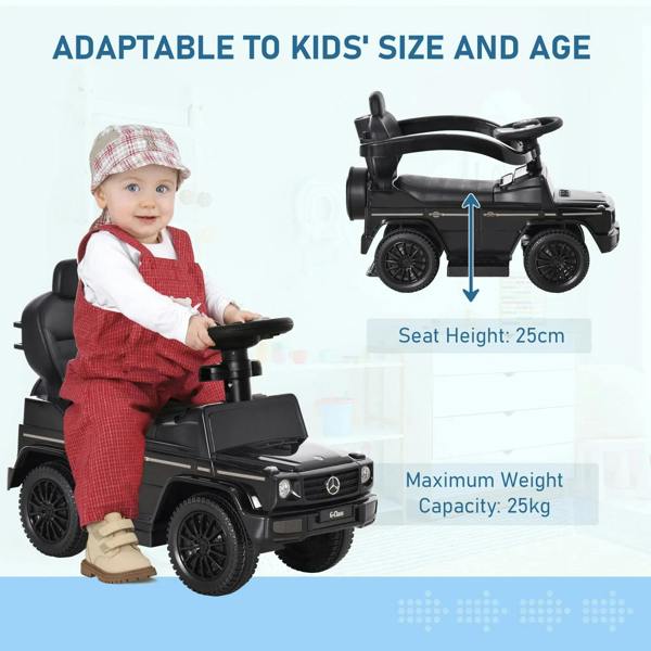 Black kids ride-on push car with padded seat and footboard, child seated