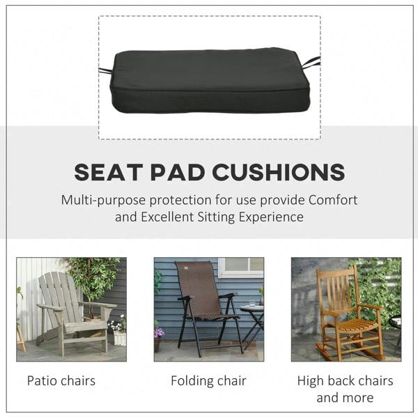 Black seat cushion pad, rectangular shape, with tie straps extending from corners.