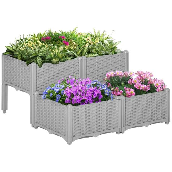Set of 4 grey elevated woven raised garden planter boxes for flowers and vegetables