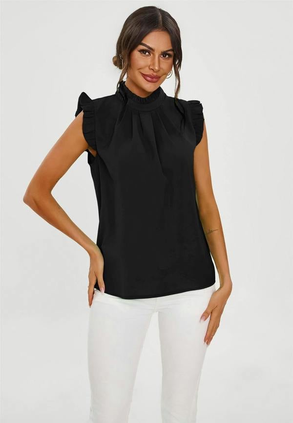 FS Collection Frill Trim Sleeve High Neck Blouse Top In Black
