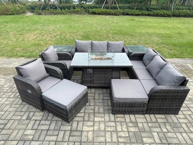 Fimous Rattan Outdoor Furniture Set with Gas Fire Pit Dining Table, 2 Reclining Chairs, 2 3-Seater Sofas, 2 Side Tables, 10 Seater - Dark Grey