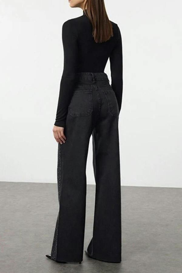 WOVCOR High Waist Wide Leg Jean with Stone Detail