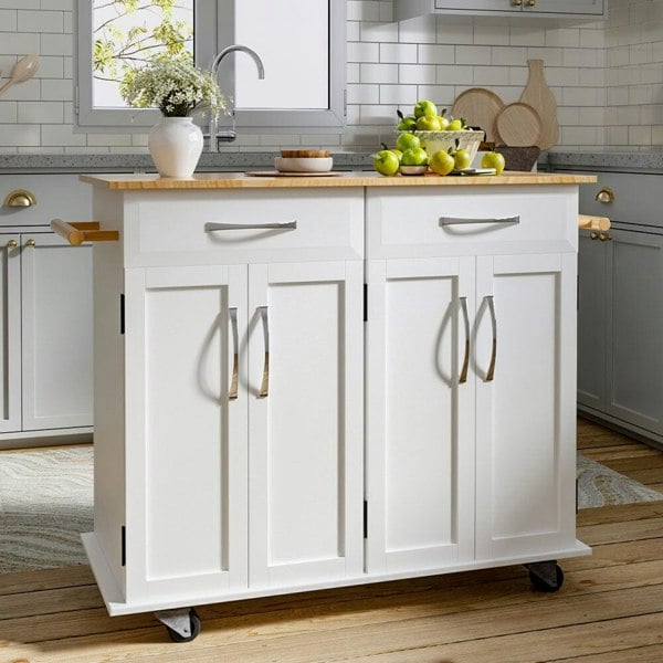 3ft Wooden Large Catering Trolley Cart Kitchen Cabinet with Drawer Kitchen Trolleys Living and Home White