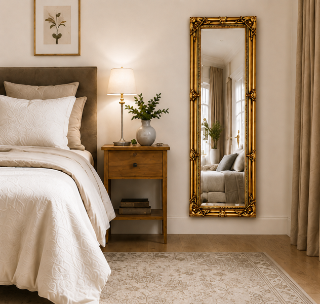 Downton Interiors Antique Gold Tall Ornate Dressing Wall Mirror with Bevelled Glass 142cm